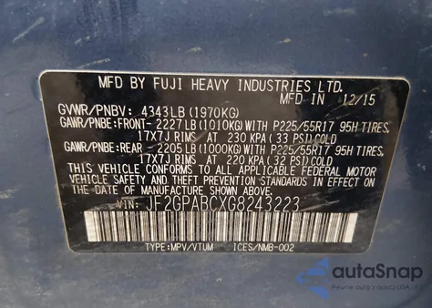 2016 Subaru Crosstrek 2.0I Premium z USA, uszkodzony, nr VIN JF2GPABCXG8243223